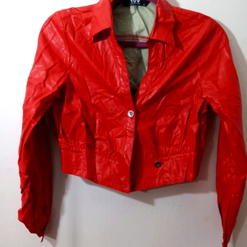 Cropped red leather jacket